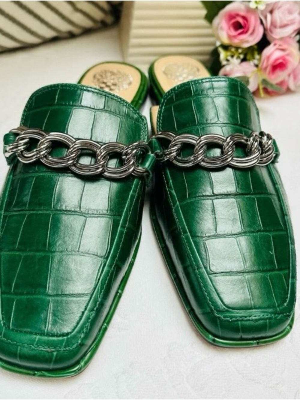 Vince Camuto Emerald Croc-Silver Embossed Chain-Trim Mules